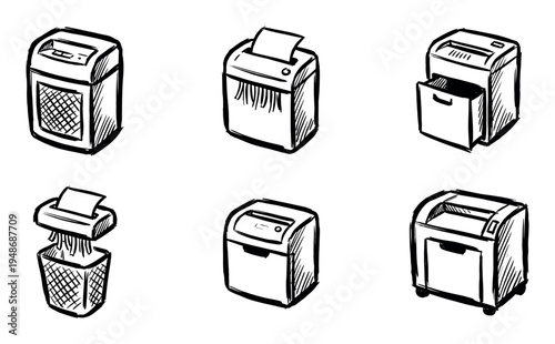 Collection of hand-drawn paper shredders in various styles, illustrating essential office equipment for document destruction and security.