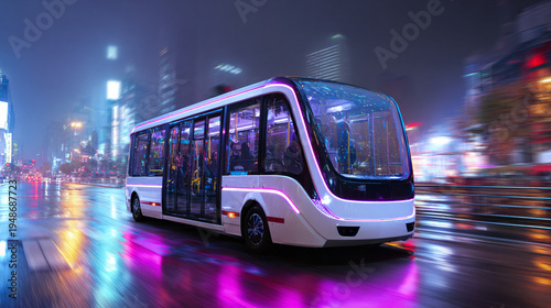 Futuristic autonomous bus driving through a smart city street with neon lights, motion blur, and unrecognizable passengers.