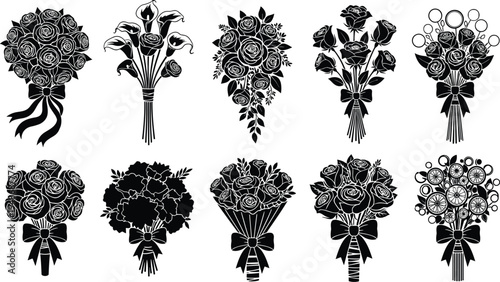 Silhouette illustration of ten different flower bouquets with roses, lilies, and carnations tied with ribbons, representing floral arrangement, decorative artwork, and botanical design