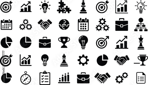 Business and finance icons with graphs, charts, chess, and lightbulb symbols