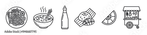 Collection of line art icons depicting popular Asian street food dishes and ingredients like noodles, soup, mango sticky rice, and a food cart.