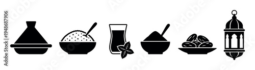 Collection of traditional Moroccan and Middle Eastern food items and cultural symbols, including a tagine, couscous, mint tea, dates, and a lantern.