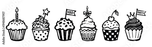 Set of six hand-drawn sketch style cupcakes adorned with various toppings and decorations perfect for celebrations.