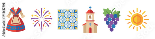 Vibrant collection of cultural icons representing Spanish or Portuguese traditions, festivities, and architectural elements in flat design.
