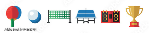 Comprehensive set of flat design icons representing various equipment and elements associated with the sport of table tennis.