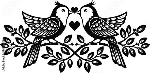 Love birds silhouette on branch, romantic couple birds with hearts, decorative nature illustration, vintage folk art vector design