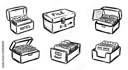 Collection of hand-drawn file boxes and document organizers depicting different methods of information storage and categorization.