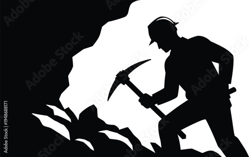 Silhouette of miner working with pickaxe inside cave, underground mining industry concept, black and white vector illustration isolated background