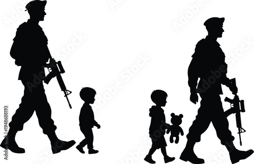 Silhouette of soldiers walking with children holding rifles and teddy bear, military and civilian contrast concept, war impact on families, protection, security, humanitarian theme illustration