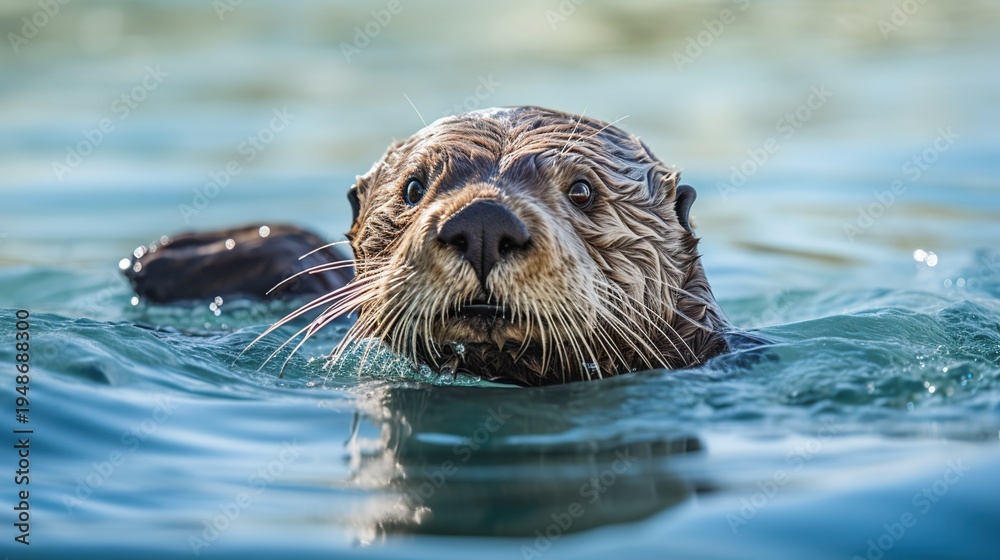 Fototapeta premium A Curious Sea Otter Surfaces with Wet Fur and Whiskers Above Calm Blue Waters