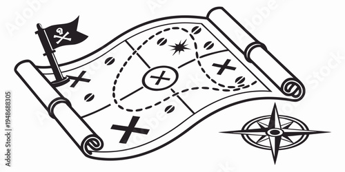 a treasure map with a compass and a flag Vector