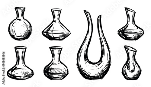 Collection of hand-drawn sketch icons depicting various elegant wine decanters and carafes for serving beverages.