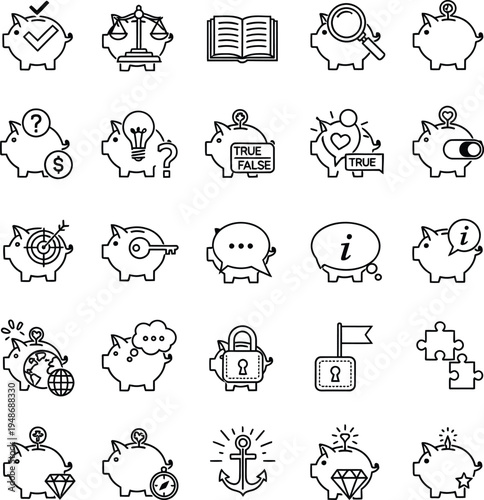 Piggy bank wisdom line icon set. Financial planning, savings, investment, knowledge, and problem-solving vector outline symbols for money management and education.