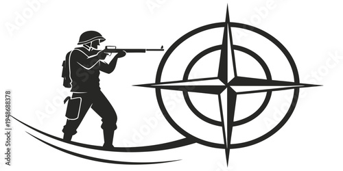 soldier aiming rifle at target with compass Vector
