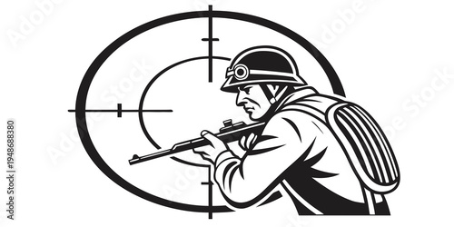 soldier aiming a rifle with a backpack on Vector