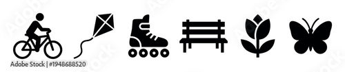 Collection of black silhouette icons representing various outdoor activities and natural elements.