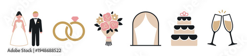 Collection of elegant wedding icons featuring a bride and groom, rings, bouquet, arch, cake, and champagne glasses for celebration.