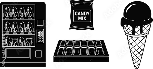 Snack and dessert icons set with vending machine, candy mix pack, chocolate bar and ice cream cone silhouette isolated on white background