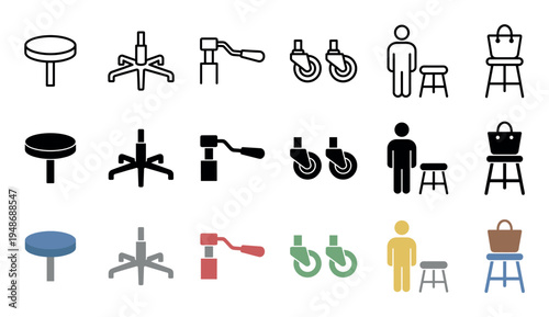Set of stool and chair component icons in various styles, illustrating parts like seats, bases, wheels, and usage scenarios with people or objects.