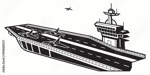 a large aircraft carrier with a small plane flying overhead Vector