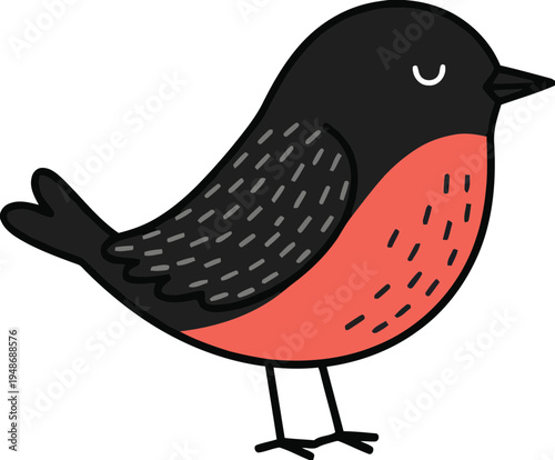 A cartoon illustration of a small bird with a black head and red chest