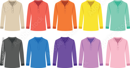 Collection of 10 henley shirts in various colors