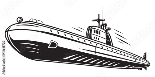 a black and white drawing of a submarine Vector