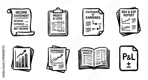 Collection of hand-drawn financial documents and reports are depicted as various business accounting statements.