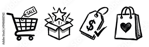 Hand-drawn shopping and sale icons featuring a cart, gift box, price tag, and bag representing retail promotions.
