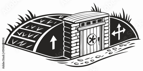 a drawing of a bunker with a gate and symbols Vector
