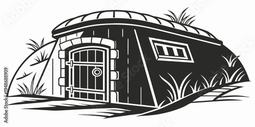 a black and white drawing of a hut with a door and window Vector