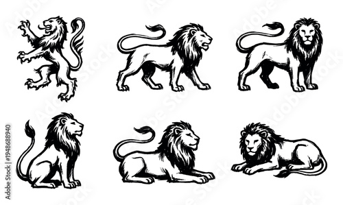 Collection of six powerful lion illustrations in various poses showcasing their strength and majestic presence.