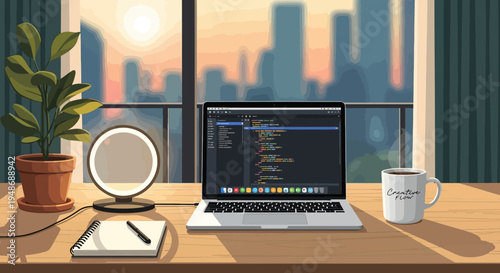 Vector illustration of a laptop on a desk with city view