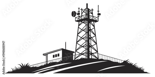 a tall cell tower on a hill with a small building Vector