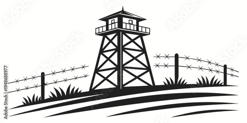 a tall watchtower with a fence and grassy area Vector