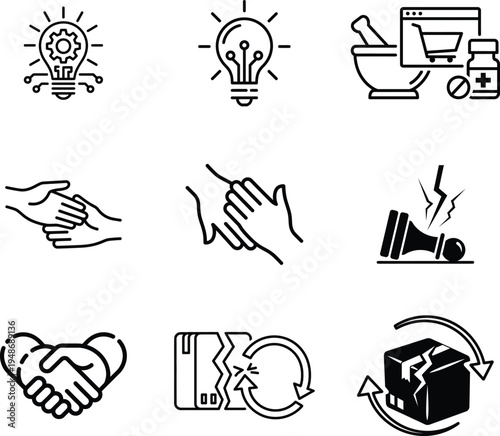 Business concept icons: lightbulb, handshake, pharmacy, broken box, and gavel