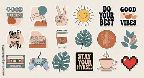 Set of 16 motivational stickers vector, colorful positive vibes icons