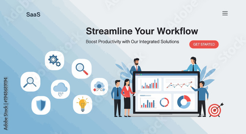 Vector illustration of business people working with workflow optimization and productivity icons