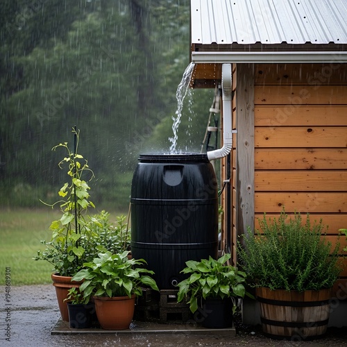 Rain barrel collecting water on a rainy day next to a wooden shed