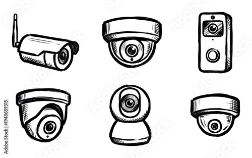Collection of hand-drawn security cameras in various styles, depicting modern surveillance and monitoring technology for safety and protection.