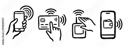 Various hand-drawn icons illustrate different methods of modern contactless payment, including mobile phones, credit cards, and digital wallets.