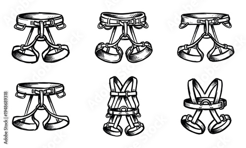 Collection of six hand-drawn illustrations depicting various types of safety harnesses used for climbing and outdoor activities.