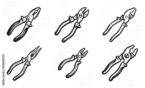 Collection of six hand-drawn illustrations depicts various types of pliers, essential tools for gripping, cutting, and bending.