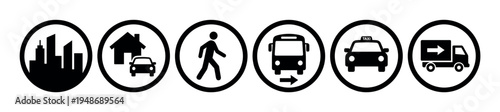 Collection of six black and white circular icons illustrating city life, residential areas, pedestrian movement, and public and private transport.