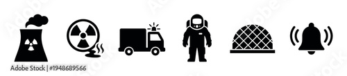 Collection of black silhouette icons representing various emergency situations, safety protocols, and specialized equipment.