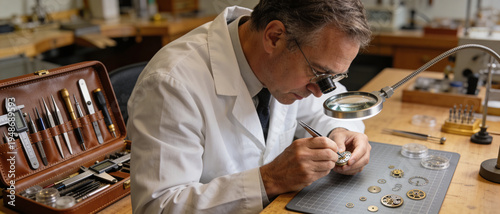 Master watchmaker in a white lab coat meticulously repairing a vintage mechanical watch movement using tweezers and a magnifying loupe in a professional horology workshop with precision tools.