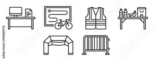 Collection of line art icons depicting various elements for event planning and execution, including a desk, route map, safety vest, refreshment station, arch, and barrier.