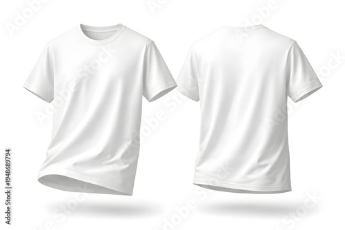 3D mock up of front and back view of a blank white T shirt with an isolated white background