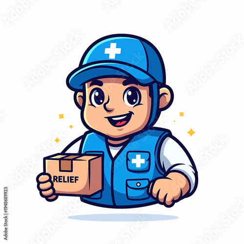 Relief helper delivering medical supply box cartoon character