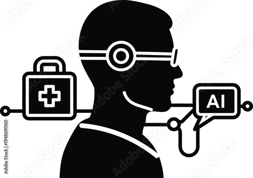 AI in Healthcare Silhouette Icon - Artificial Intelligence, Smart Diagnostics, Future Medicine